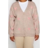 Womens Plus Size Fashion Stylish Regular Jacket Collar Long Sleeve Heart Heart Patterned Knitwear Cardigan
