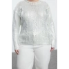 Kadın Büyük Beden Moda Şık Crop Bisiklet Yaka Uzun Kol Saç Örgü Varaklı lü Crop Triko Kazak