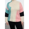 Kadın Büyük Beden Moda Şık Regular Dik Yaka Uzun Kol Renk Bloklu Triko Kazak