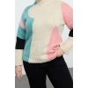 Kadın Büyük Beden Moda Şık Regular Dik Yaka Uzun Kol Renk Bloklu Triko Kazak