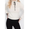Womens Regular Stand Collar Long Sleeve Openwork Soft Textured Hole Ribbon Bow Detailed Knitwear Sweater