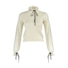 Womens Regular Stand Collar Long Sleeve Openwork Soft Textured Hole Ribbon Bow Detailed Knitwear Sweater