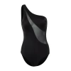 Womens Supported Strappy Brief Collar Black One Shoulder Mesh Detail Regular Swimsuit