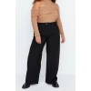 Kadın Büyük Beden Geniş Paça Uzun Boy Dokuma Çift Düğmeli Asimetrik Patlı Bol Paça Kumaş Pantolon