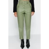 Womens New Fashion Skinny Leg Regular Length Woven Green Carrot Front Button Faux Leather Trousers