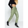 Womens New Fashion Skinny Leg Regular Length Woven Green Carrot Front Button Faux Leather Trousers