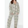 Kadın Moda Şık Büyük Beden Gömlek Yaka Boru Paça Uzun Kol Animal Desenli Örme Pijama Takımı