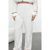 Womens Fashion Stylish Plus Size Shawl Collar Wide Leg Long Sleeve Piping Double Breasted Viscose Woven Pajama Set