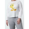 Women Fashion Stylish Plus Size Crew Neck Tube Leg Long Sleeve Tweety Knitted Pajama Set