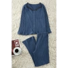 Kadın Moda Şık Büyük Beden V Yaka Boru Paça Uzun Kol Fitilli Dantelli Örme Pijama Takımı