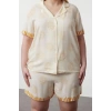 Kadın Moda Şık Büyük Beden Gömlek Yaka Boru Paça Uzun Kol Güneş Desenli Dokuma Pijama Takımı