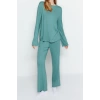Kadın Bisiklet Yaka Boru Paça Uzun Kol Lacivert Yırtmaç Detaylı Tshirt-Pantolon Örme Pijama Takımı