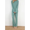 Kadın Bisiklet Yaka Boru Paça Uzun Kol Lacivert Yırtmaç Detaylı Tshirt-Pantolon Örme Pijama Takımı