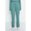 Kadın Bisiklet Yaka Boru Paça Uzun Kol Lacivert Yırtmaç Detaylı Tshirt-Pantolon Örme Pijama Takımı