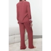 Kadın Moda Şık Gömlek Yaka Geniş Paça Uzun Kol Koyu Bağlama Kurdeleli Viskon Dokuma Pijama Takımı