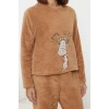 Kadın Moda Şık Bisiklet Yaka Boru Paça Uzun Kol Hayvan Nakışlı Wellsoft Kışlık Örme Pijama Takımı