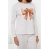 Kadın Moda Şık Bisiklet Yaka Lastikli Paça Uzun Kol Hayvan Baskılı Örme Pijama Takımı