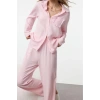 Womens Fashion Stylish Shirt Collar Tube Leg Long Sleeve Ruffle Pocket Detail Viscose Woven Pajama Set