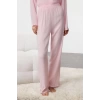 Womens Fashion Stylish Shirt Collar Tube Leg Long Sleeve Ruffle Pocket Detail Viscose Woven Pajama Set