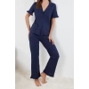 Kadın Moda Şık Gömlek Yaka Boru Paça Kısa Kol %100 Pamuklu Fırfır Detaylı Örme Pijama Takımı