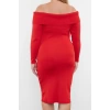Kadın Moda Şık Büyük Beden Midi Boy Carmen Yaka Fitted Vücudu Saran Triko Elbise
