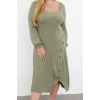 Kadın Moda Şık Büyük Beden Midi Boy Kare Yaka Slim Düğme Detaylı Yırtmaçlı Triko Elbise