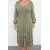 Kadın Moda Şık Büyük Beden Midi Boy Kare Yaka Slim Düğme Detaylı Yırtmaçlı Triko Elbise