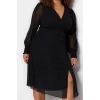 Women Fashion Stylish Plus Size Midi Length V Neck Fitted Slit Detailed A-Line Bell Woven Dress