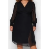 Women Fashion Stylish Plus Size Midi Length V Neck Fitted Slit Detailed A-Line Bell Woven Dress