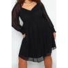 Kadın Moda Şık Büyük Beden Mini Boy V Yaka Relaxed Düz A-Kesim Çan Dokuma Büyük Beden Elbise