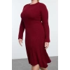 Kadın Moda Şık Büyük Beden Midi Boy Bisiklet Yaka Fitted Bordo Fitilli Triko Elbise