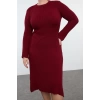 Kadın Moda Şık Büyük Beden Midi Boy Bisiklet Yaka Fitted Bordo Fitilli Triko Elbise