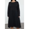 Women Fashion Stylish Plus Size Midi Length Crew Neck Relaxed Skirt Lined Chiffon Pleated Woven Dress