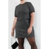 Kadın Moda Şık Büyük Beden Midi Boy Bisiklet Yaka Relaxed Tüvit Ekose Fermuarlı Şık Dokuma Elbise