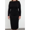 Women Fashion Stylish Plus Size Maxi Length Crew Neck Slim Gathered Detail Shift Knitted Plus Size Dress