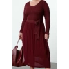 Kadın Moda Şık Büyük Beden Midi Boy V Yaka Fitted Eteği Piliseli Dokuma Mix Triko Elbise