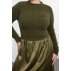 Kadın Moda Şık Büyük Beden Midi Boy Bisiklet Yaka Fitted Saten Dokuma Mix Triko Elbise