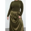 Kadın Moda Şık Büyük Beden Midi Boy Bisiklet Yaka Fitted Saten Dokuma Mix Triko Elbise