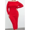 Kadın Moda Şık Büyük Beden Midi Boy Carmen Yaka Fitted Fitilli Gül Detaylı Triko Elbise