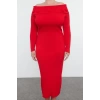 Kadın Moda Şık Büyük Beden Midi Boy Carmen Yaka Fitted Fitilli Gül Detaylı Triko Elbise