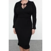 Women Fashion Stylish Plus Size Midi Length Shirt Collar Fitted Corduroy Double Breasted Knit Dress