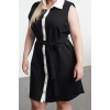 Kadın Büyük Beden Mini Boy Fitted Gold Düğmeli Çıkarılabilir Kemerli Büyük Beden Dokuma Elbise
