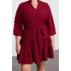 Kadın Moda Büyük Beden Midi Boy V Yaka Fitted Balon Kol Kuşaklı Ponponlu Dokuma Büyük Beden Elbise