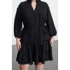 Kadın Moda Büyük Beden Midi Boy V Yaka Fitted Balon Kol Kuşaklı Ponponlu Dokuma Büyük Beden Elbise