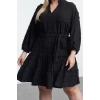 Kadın Moda Büyük Beden Midi Boy V Yaka Fitted Balon Kol Kuşaklı Ponponlu Dokuma Büyük Beden Elbise