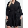 Kadın Moda Büyük Beden Midi Boy V Yaka Fitted Balon Kol Kuşaklı Ponponlu Dokuma Büyük Beden Elbise