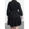 Kadın Moda Büyük Beden Midi Boy V Yaka Fitted Balon Kol Kuşaklı Ponponlu Dokuma Büyük Beden Elbise