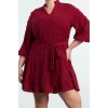 Kadın Moda Büyük Beden Midi Boy V Yaka Fitted Balon Kol Kuşaklı Ponponlu Dokuma Büyük Beden Elbise