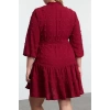 Kadın Moda Büyük Beden Midi Boy V Yaka Fitted Balon Kol Kuşaklı Ponponlu Dokuma Büyük Beden Elbise