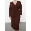Womens Fashion Stylish Plus Size Midi Length V Neck Fitted Double Breasted Tie Detailed Knit Dress
